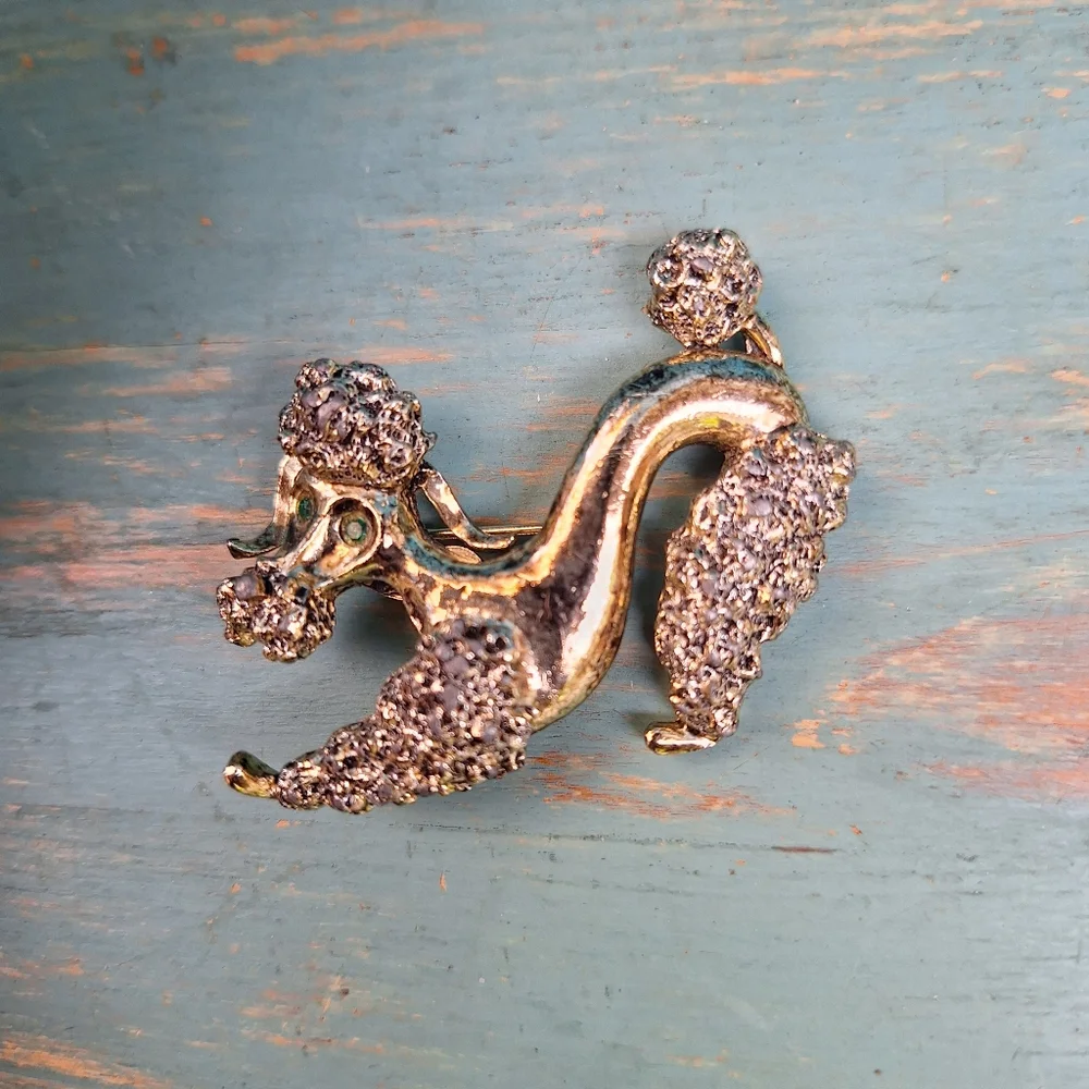 Vintage Dog Poodle Pin Green Gemstone Eyes Gold Metal Brooch Pooch Pins